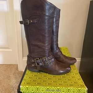 Brown Leather Knee-High Boots with Buckle Detail